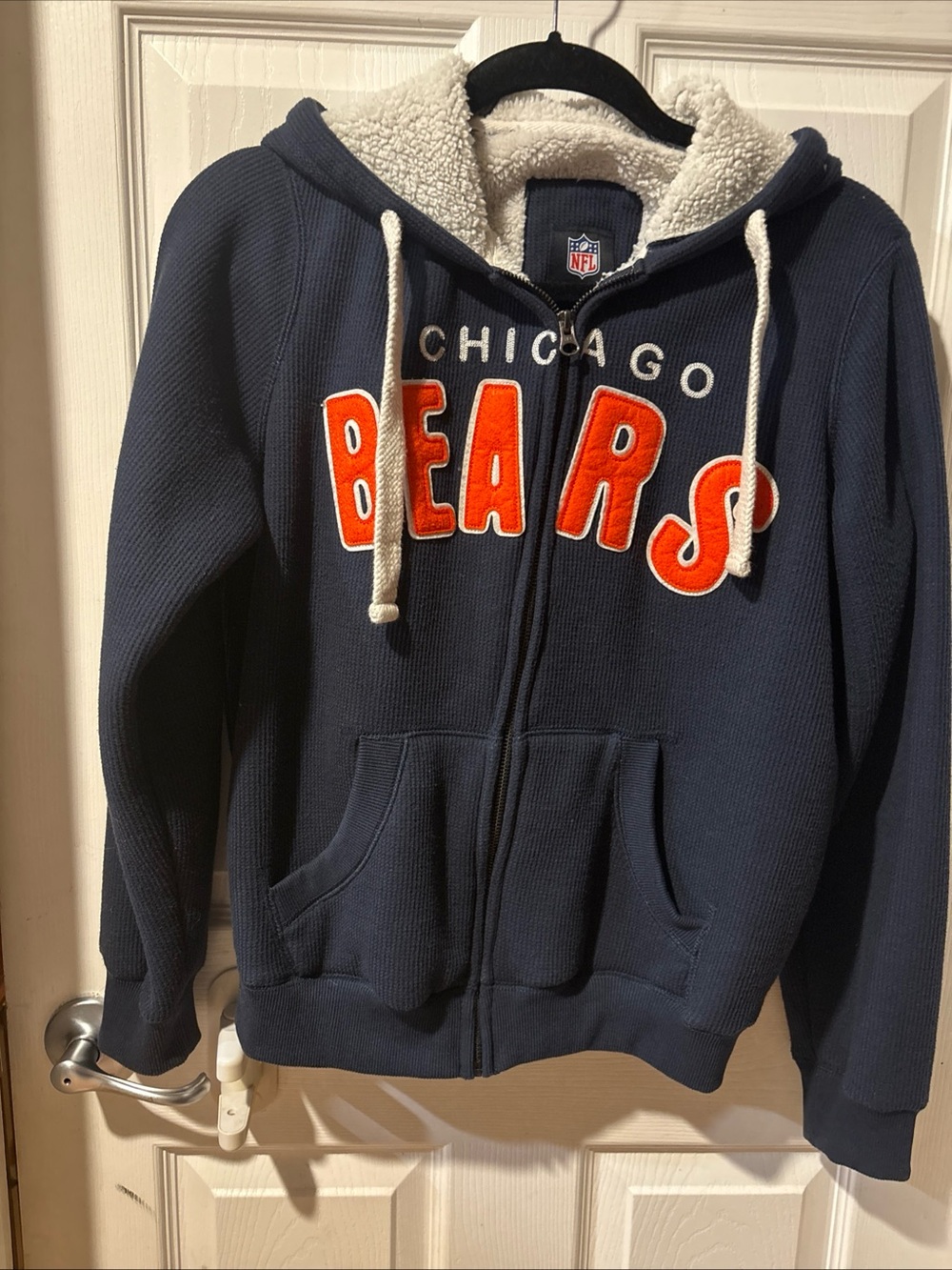 NFL Chicago Bears Navy Hooded Sherpa Lined Jacket Embroidered Lettering Full Zip